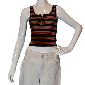 Smoke & Mirrors Striped Ribbed Zip Front Crop Tank Top S
